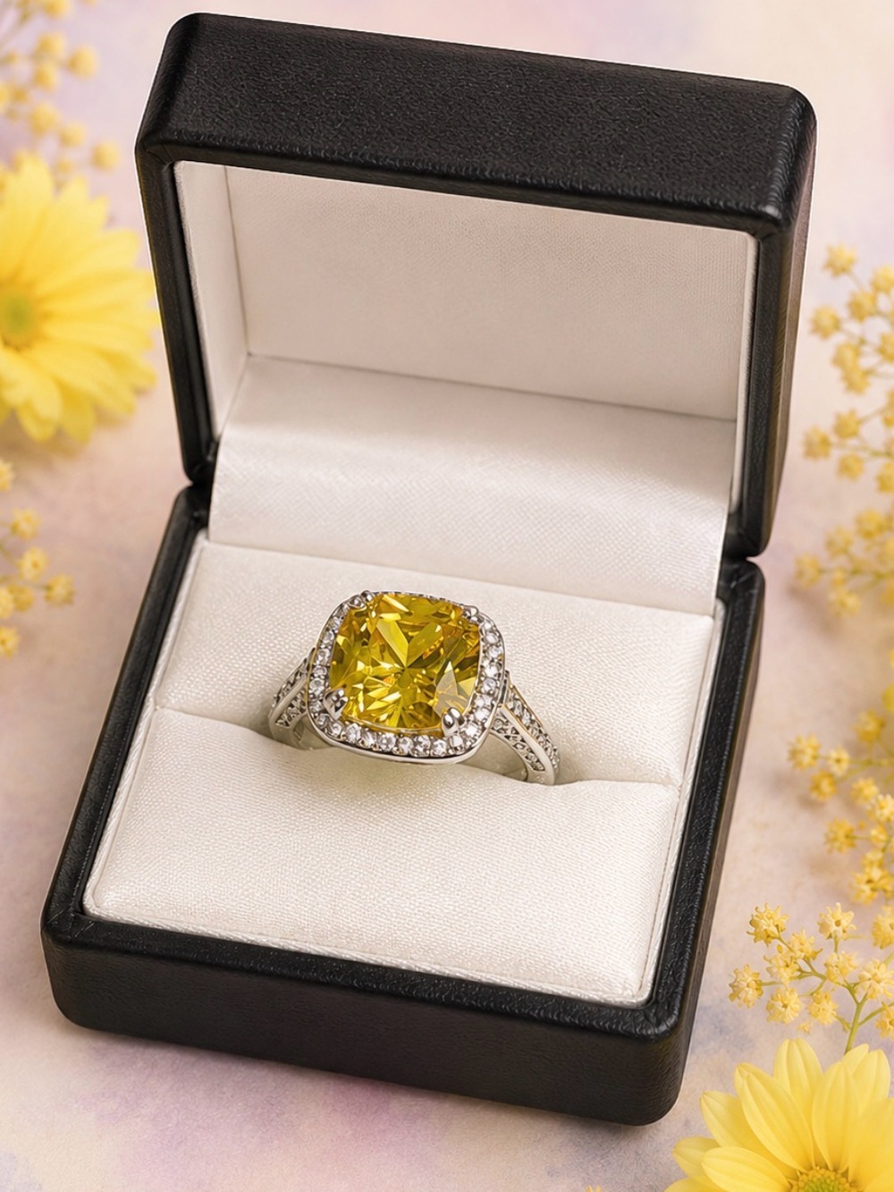 🤩Ring 925 Sterling Silver Yellow Cubic Zirconia Crystal Accents Statement